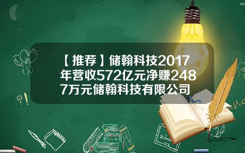 【推荐】储翰科技2017年营收572亿元净赚2487万元储翰科技有限公司